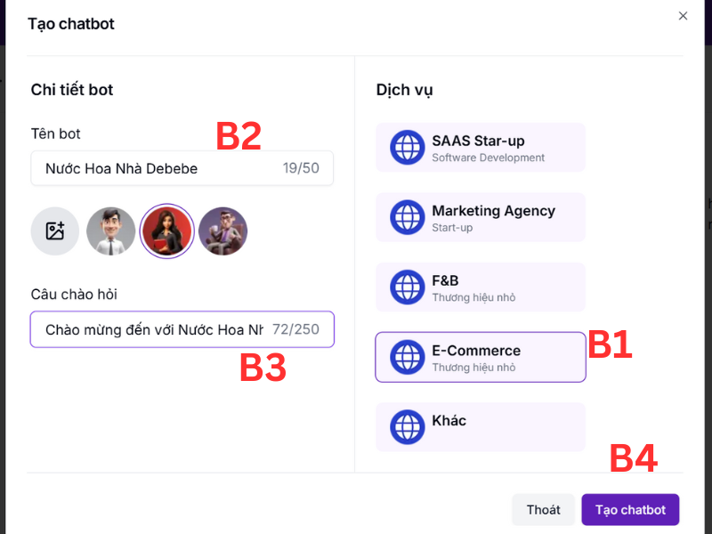 Cài đặt các thông tin cơ bản đầu tiên cho chatbot