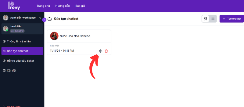 Click vào biểu tượng bánh răng cạnh chatbot